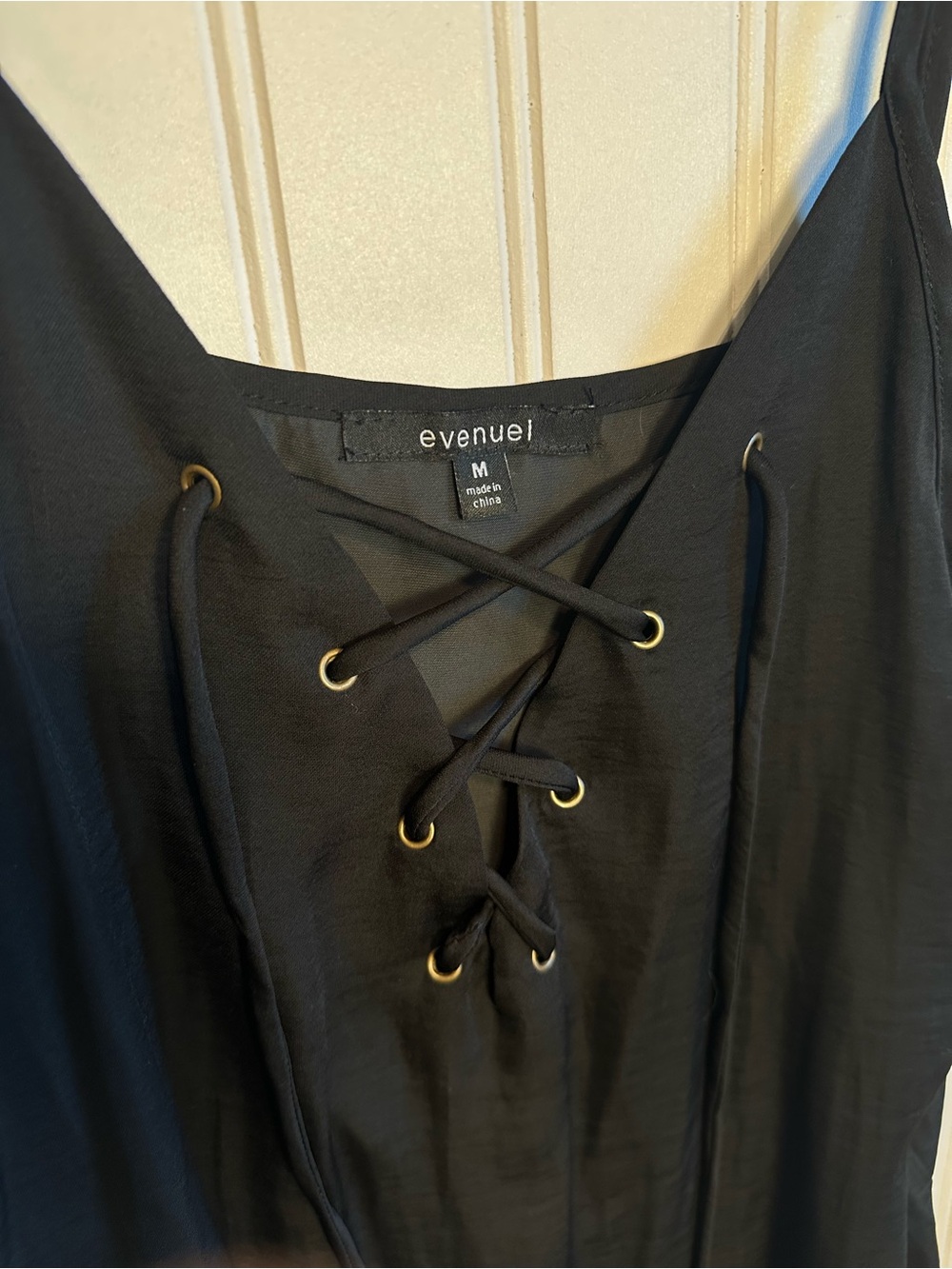 Black Lace-Up V-Neck, Silk Like Material